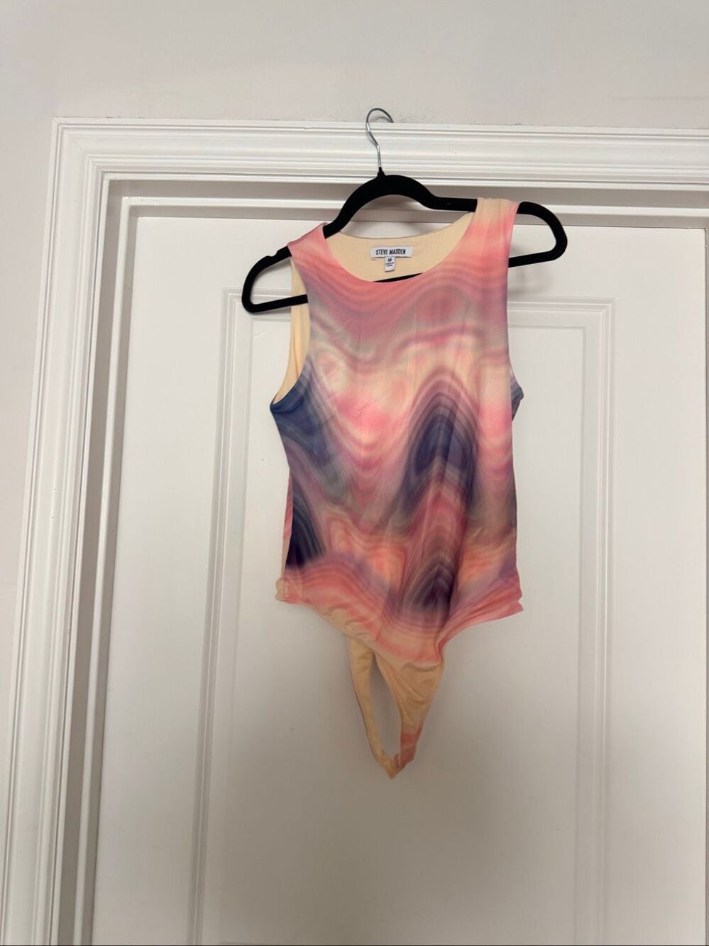 Steve Madden Tie Dye Print Mesh Sleeveless Thong Bodysuit Top Pink Orange Size M